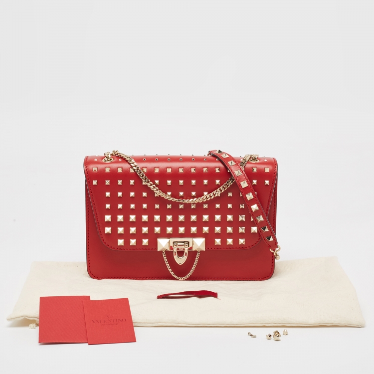 Pre Owned Valentino Red Leather Rockstud Demilune Shoulder Bag