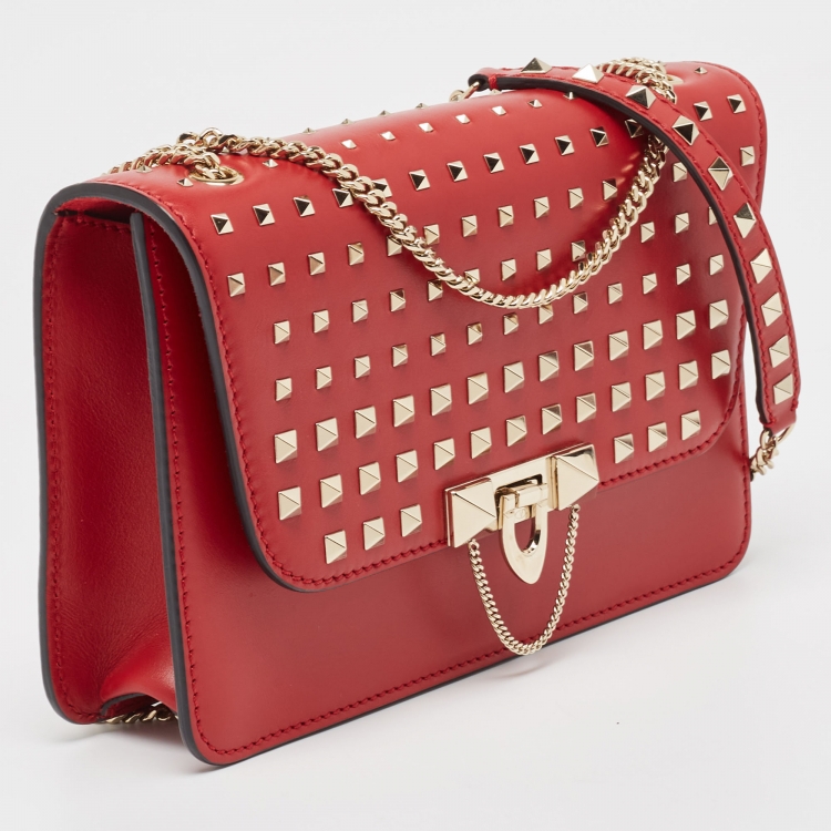Pre Owned Valentino Red Leather Rockstud Demilune Shoulder Bag