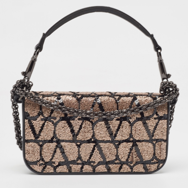 Pre Owned Valentino Black/Metallic Sequence and Leather Small Locò Toile Iconographe Bag