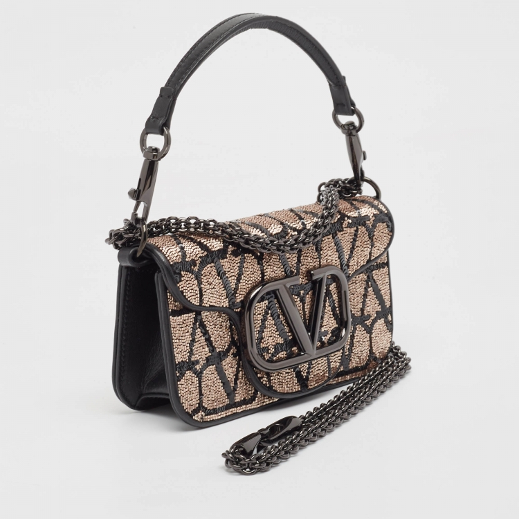 Pre Owned Valentino Black/Metallic Sequence and Leather Small Locò Toile Iconographe Bag