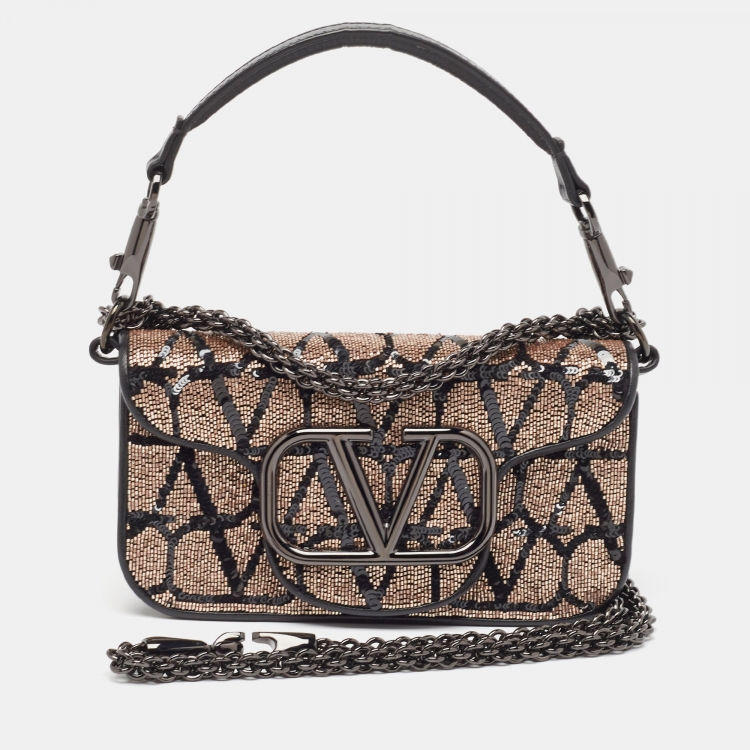 Pre Owned Valentino Black/Metallic Sequence and Leather Small Locò Toile Iconographe Bag
