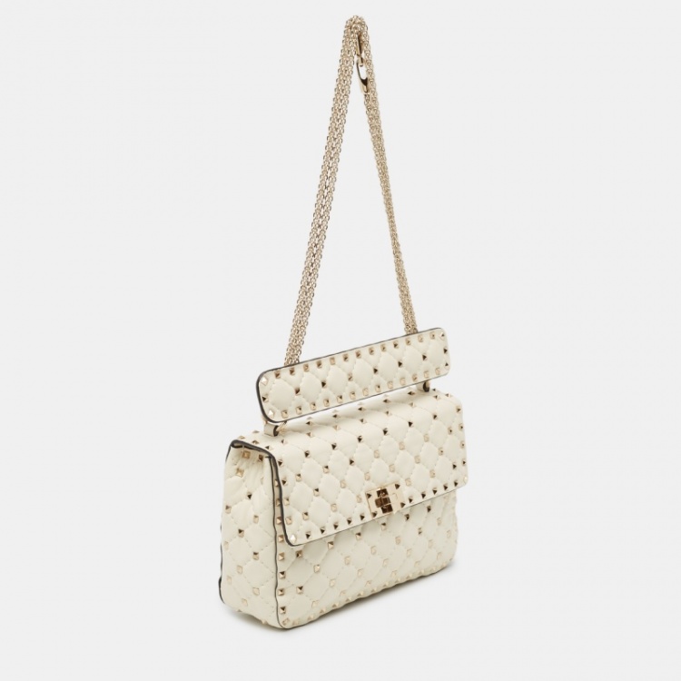 Pre Owned Valentino Off White Quilted Leather Medium Rockstud Spike Top Handle Bag