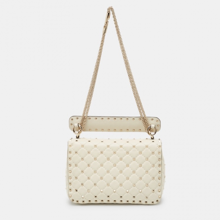 Pre Owned Valentino Off White Quilted Leather Medium Rockstud Spike Top Handle Bag