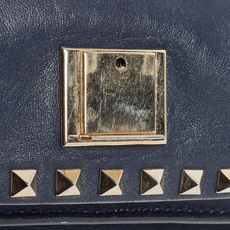 Pre Owned Valentino Navy Blue Leather Rockstud Top Handle Bag