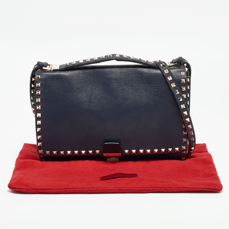 Pre Owned Valentino Navy Blue Leather Rockstud Top Handle Bag