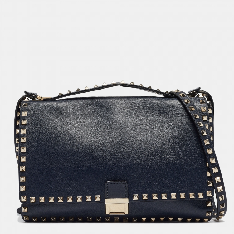 Pre Owned Valentino Navy Blue Leather Rockstud Top Handle Bag