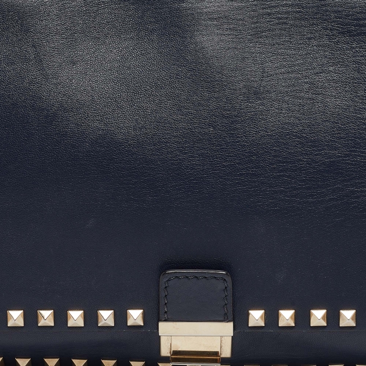 Pre Owned Valentino Navy Blue Leather Rockstud Top Handle Bag