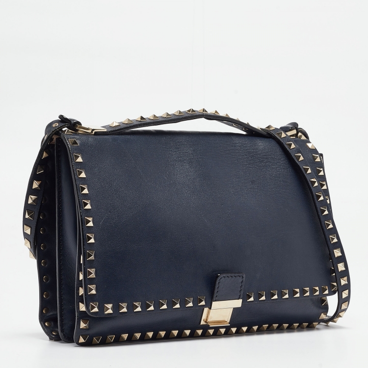 Pre Owned Valentino Navy Blue Leather Rockstud Top Handle Bag
