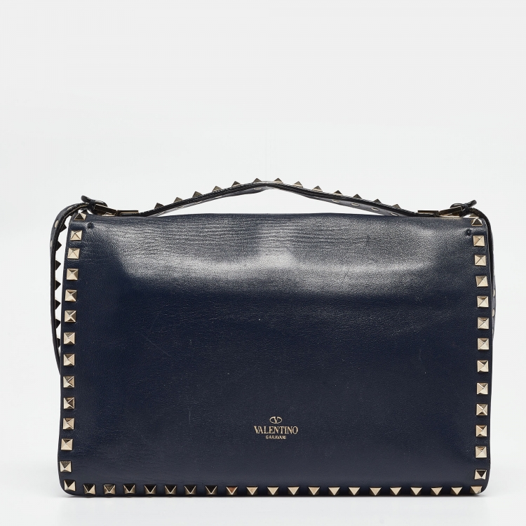 Pre Owned Valentino Navy Blue Leather Rockstud Top Handle Bag