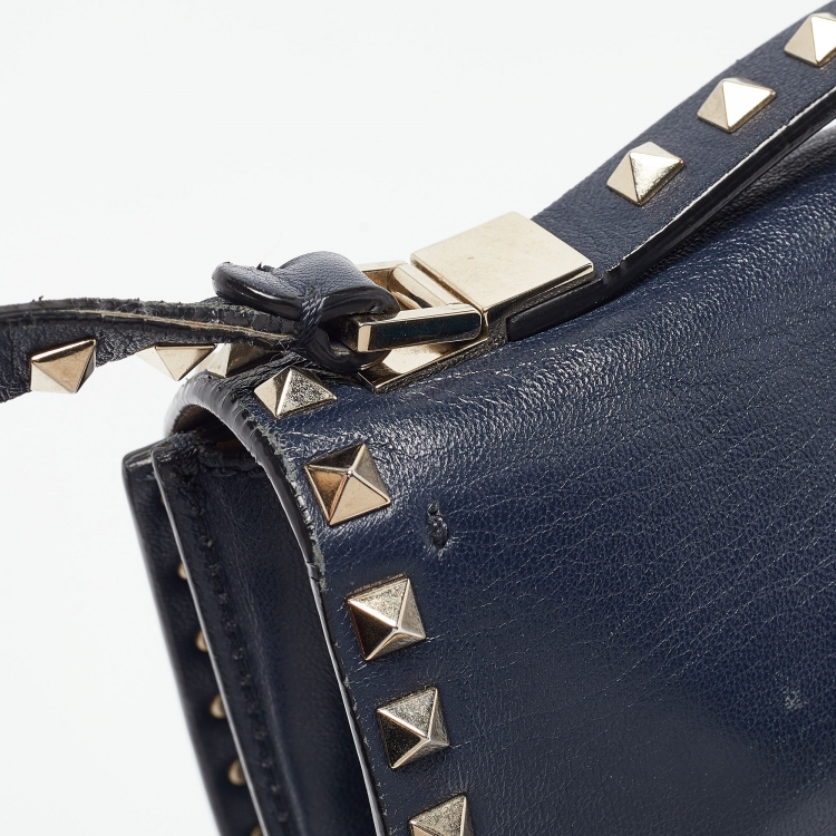 Pre Owned Valentino Navy Blue Leather Rockstud Top Handle Bag