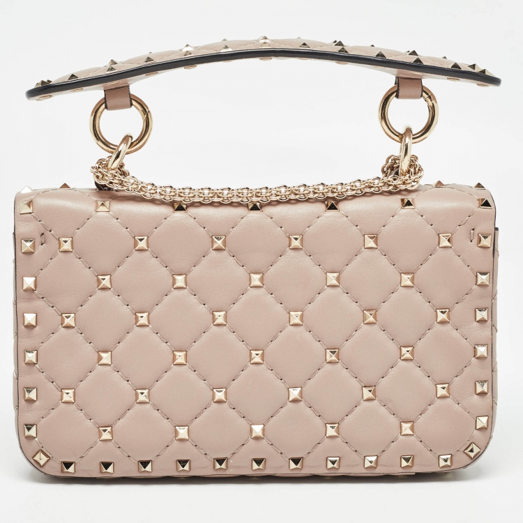 Pre Owned Valentino Beige Quilted Leather Small Rockstud Spike Top Handle Bag