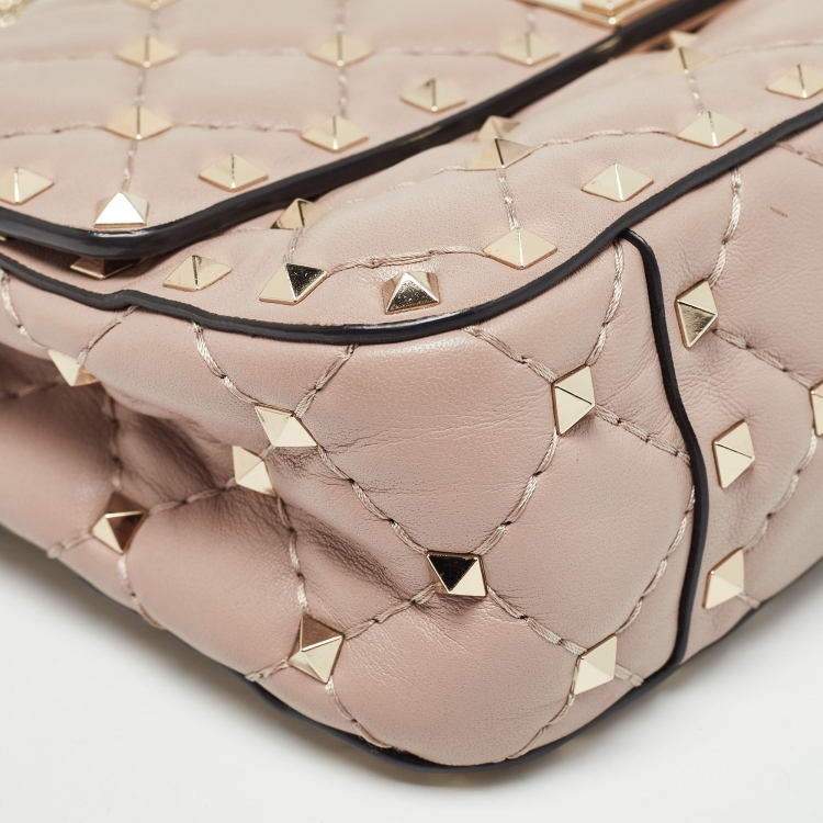 Pre Owned Valentino Beige Quilted Leather Small Rockstud Spike Top Handle Bag