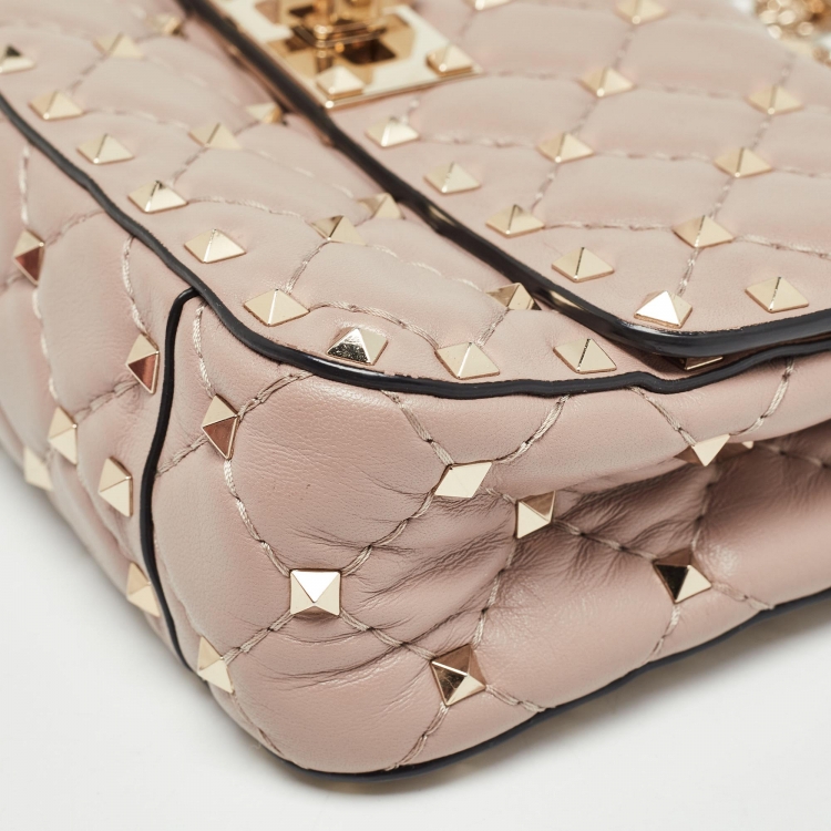 Pre Owned Valentino Beige Quilted Leather Small Rockstud Spike Top Handle Bag