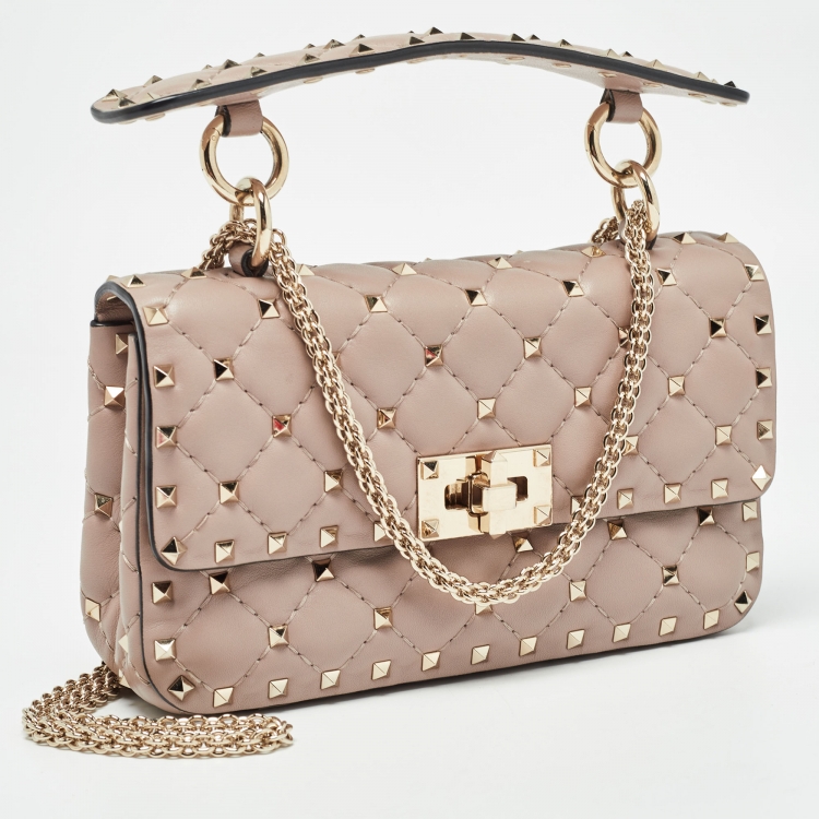 Pre Owned Valentino Beige Quilted Leather Small Rockstud Spike Top Handle Bag