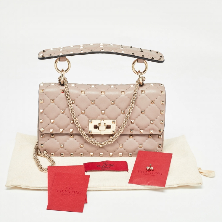 Pre Owned Valentino Beige Quilted Leather Small Rockstud Spike Top Handle Bag