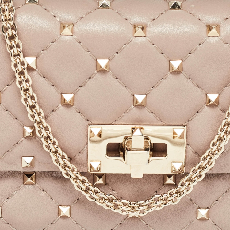 Pre Owned Valentino Beige Quilted Leather Small Rockstud Spike Top Handle Bag