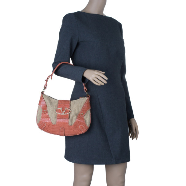 Pre Owned Valentino Pink Fabric and Leather Small Catch Hobo