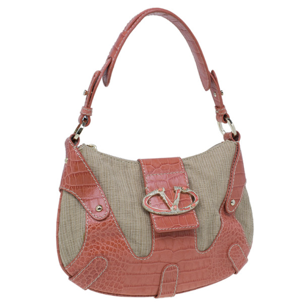 Pre Owned Valentino Pink Fabric and Leather Small Catch Hobo