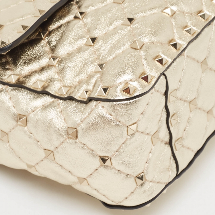 Pre Owned Valentino Gold Quilted Leather Medium Rockstud Spike Top Handle Bag