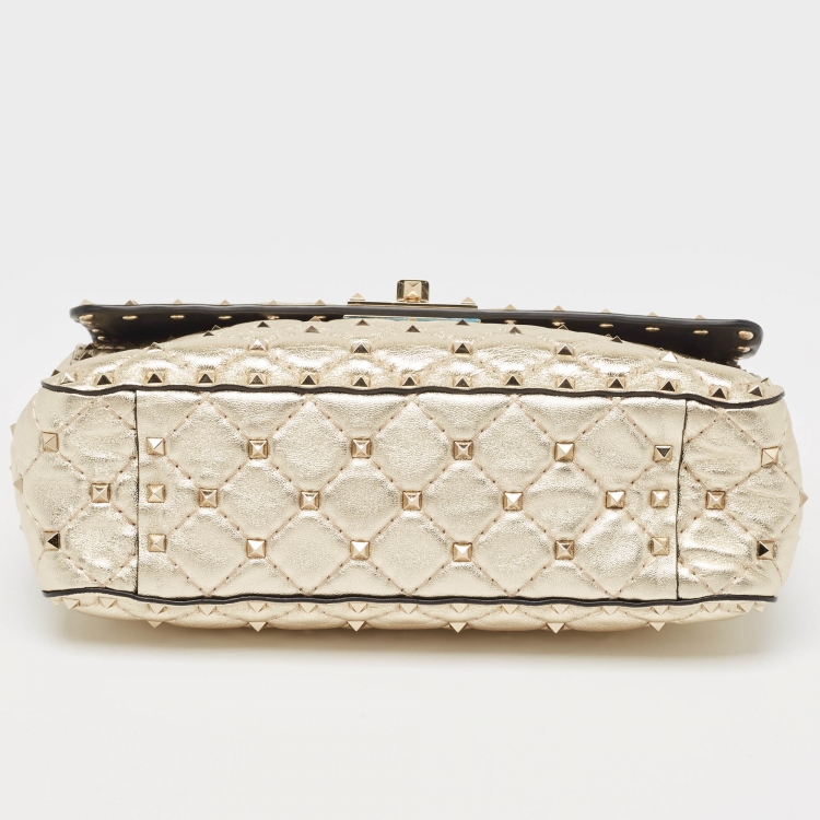 Pre Owned Valentino Gold Quilted Leather Medium Rockstud Spike Top Handle Bag