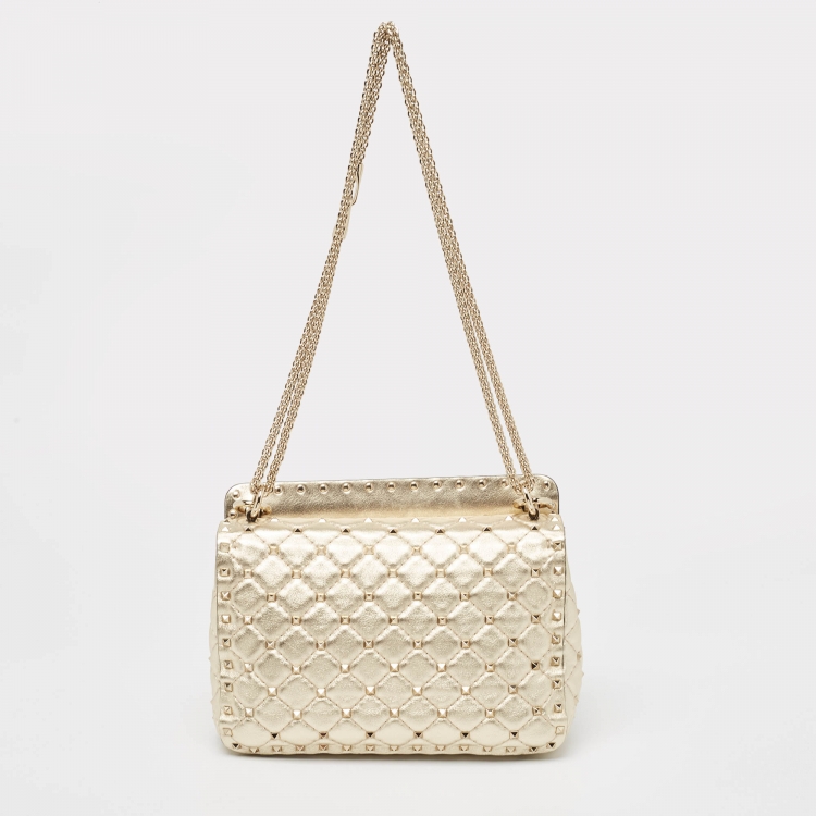 Pre Owned Valentino Gold Quilted Leather Medium Rockstud Spike Top Handle Bag