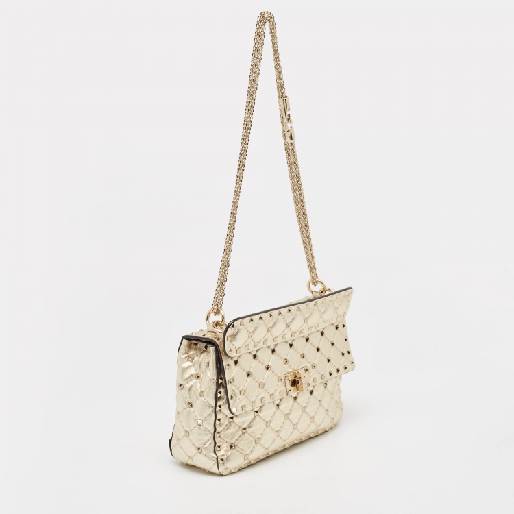 Pre Owned Valentino Gold Quilted Leather Medium Rockstud Spike Top Handle Bag