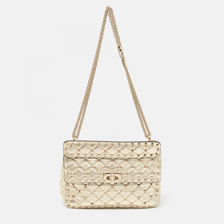 Pre Owned Valentino Gold Quilted Leather Medium Rockstud Spike Top Handle Bag