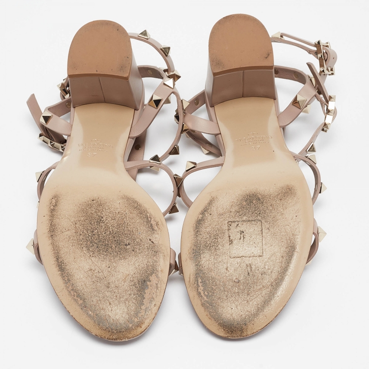 Pre Owned Valentino Dusty Pink Leather Rockstud Ankle Strap Sandals Size 37