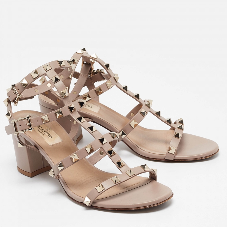 Pre Owned Valentino Dusty Pink Leather Rockstud Ankle Strap Sandals Size 37