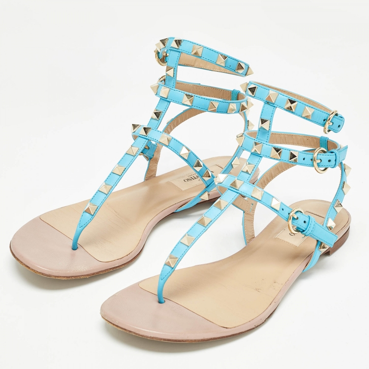 Valentino Blue Leather Rockstud Ankle Strap Flat Sandals Size 38 Valentino TLC