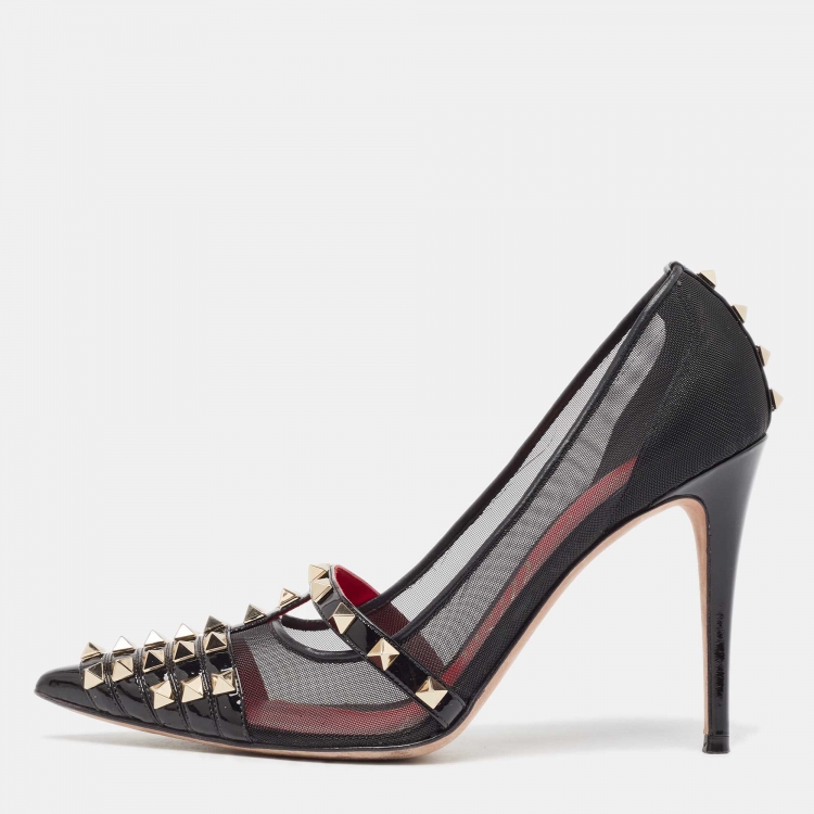 Pre Owned Valentino Black Patent Leather and Mesh Rockstud Alcove Pumps Size 39