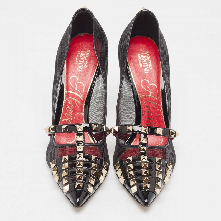 Pre Owned Valentino Black Patent Leather and Mesh Rockstud Alcove Pumps Size 39