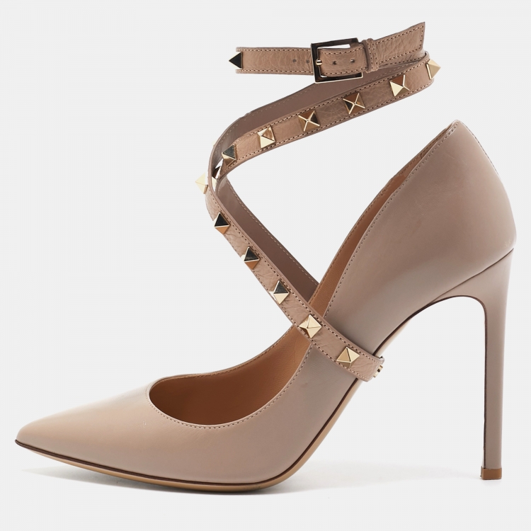 Pre Owned Valentino Dusty Pink Leather Rockstud Ankle Wrap Pointed Toe Pumps Size 38