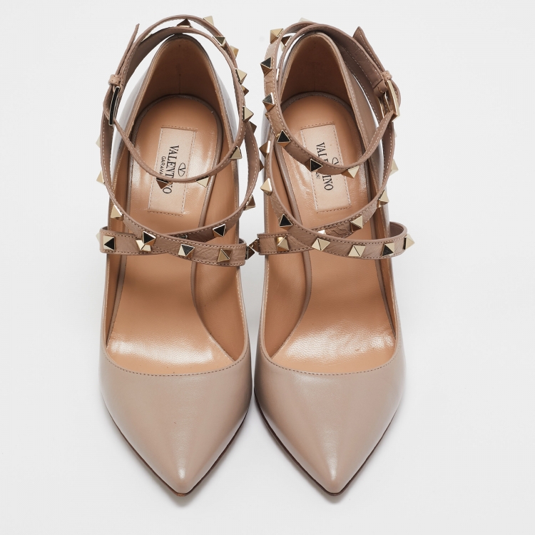 Pre Owned Valentino Dusty Pink Leather Rockstud Ankle Wrap Pointed Toe Pumps Size 38
