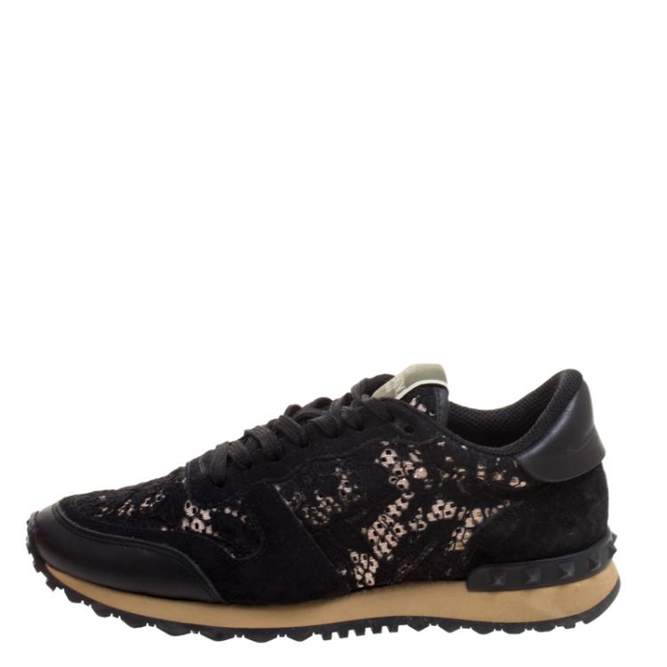Pre Owned Valentino Black Leather and Macramé Lace Sneakers Size 37.5