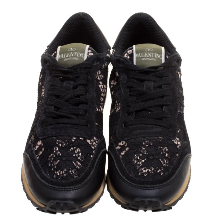 Pre Owned Valentino Black Leather and Macramé Lace Sneakers Size 37.5