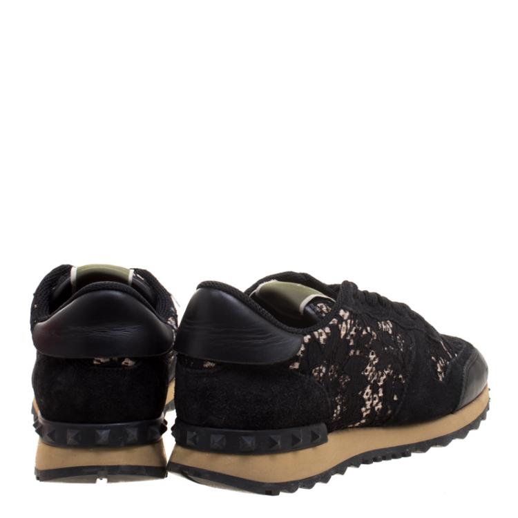 Pre Owned Valentino Black Leather and Macramé Lace Sneakers Size 37.5