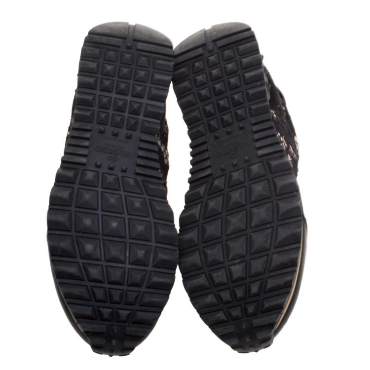 Pre Owned Valentino Black Leather and Macramé Lace Sneakers Size 37.5