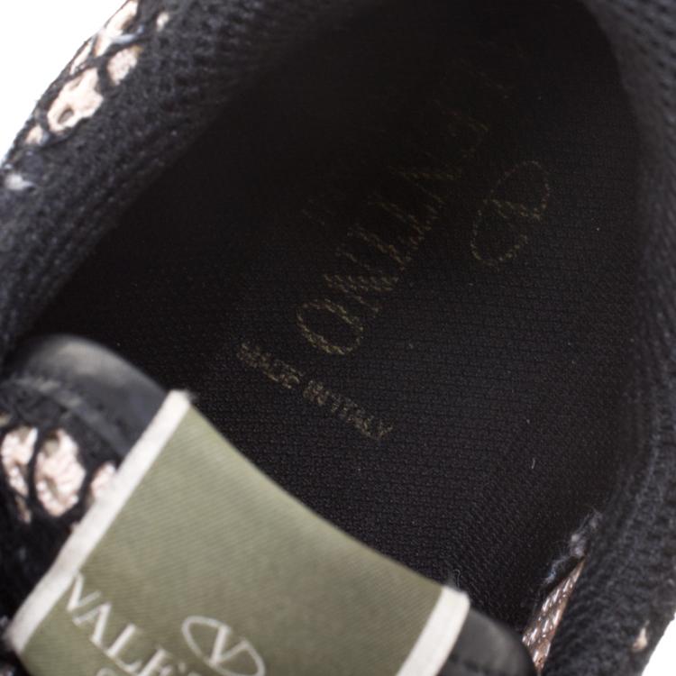 Pre Owned Valentino Black Leather and Macramé Lace Sneakers Size 37.5