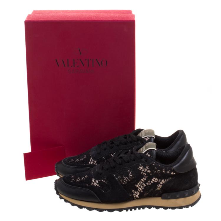 Pre Owned Valentino Black Leather and Macramé Lace Sneakers Size 37.5
