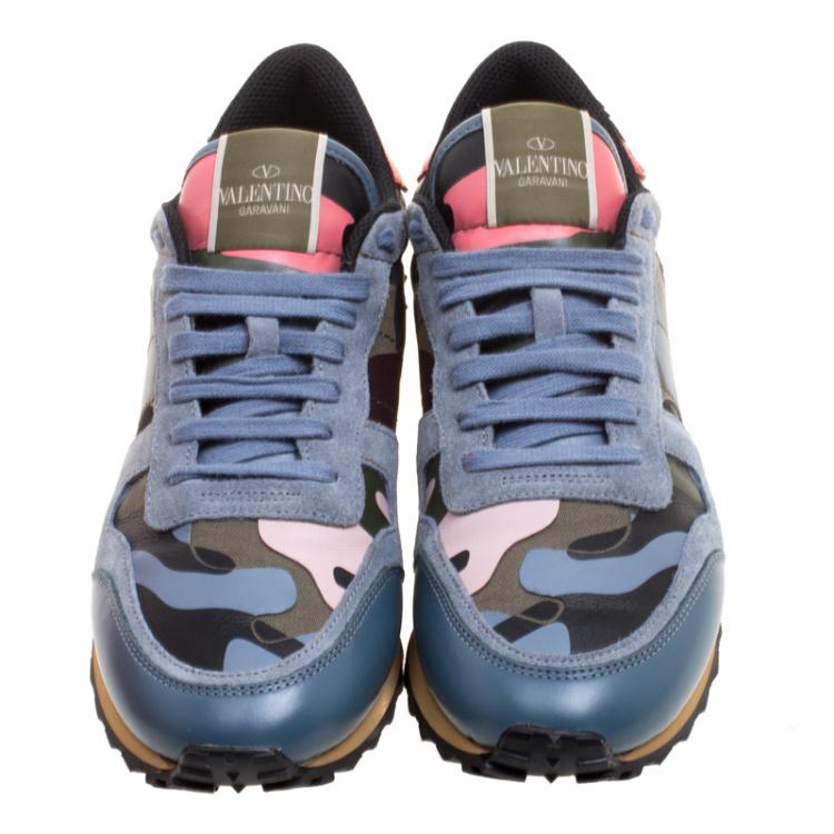 Pre Owned Valentino Multicolor Camouflage Leather and Suede Hawaiian Couture Rockrunner Sneakers Size 39