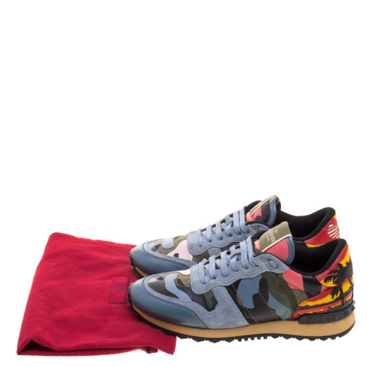 Pre Owned Valentino Multicolor Camouflage Leather and Suede Hawaiian Couture Rockrunner Sneakers Size 39