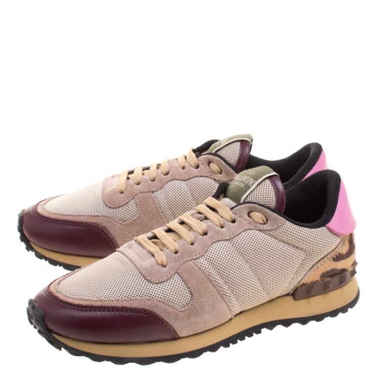 Pre Owned Valentino Multicolor Mesh and Leopard Print Calf Hair Rockrunner Sneakers Size 37.5