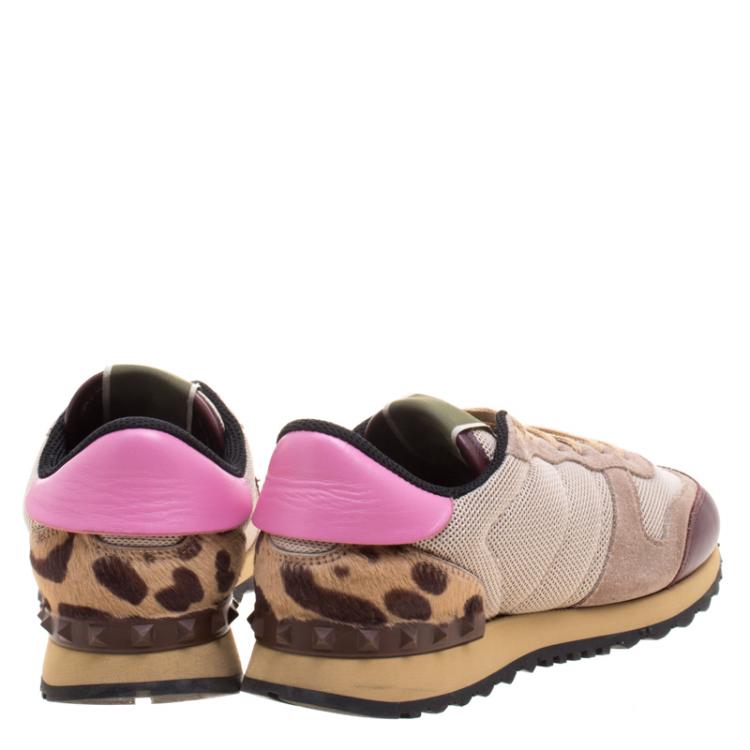 Pre Owned Valentino Multicolor Mesh and Leopard Print Calf Hair Rockrunner Sneakers Size 37.5