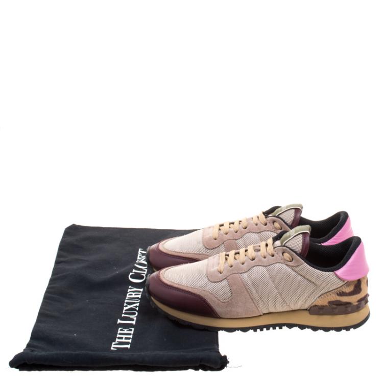 Pre Owned Valentino Multicolor Mesh and Leopard Print Calf Hair Rockrunner Sneakers Size 37.5