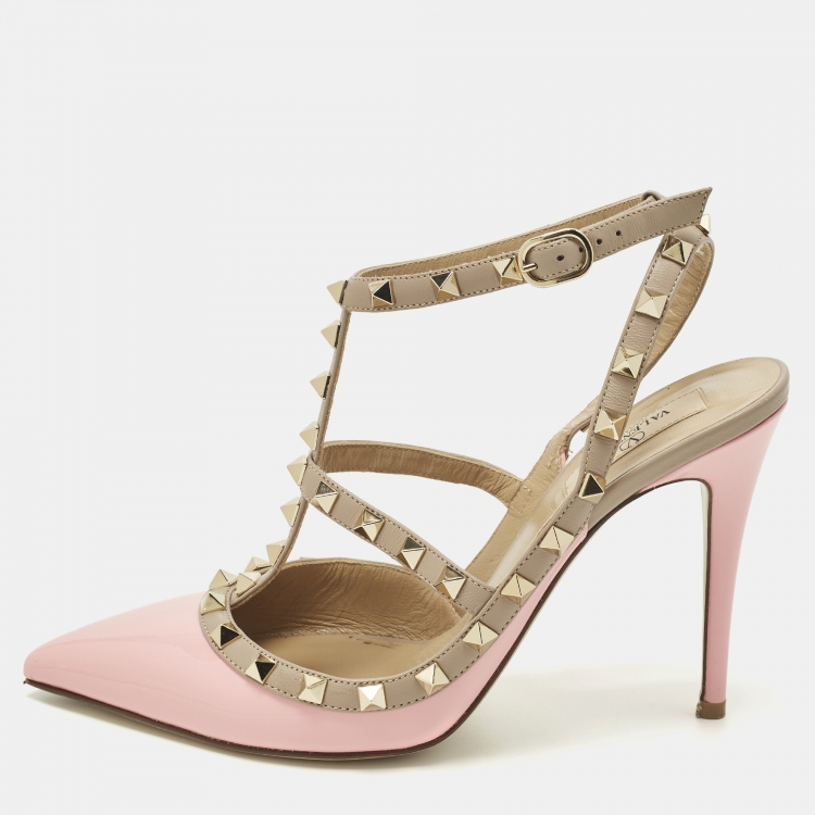 Pre Owned Valentino Rockstud Size 40 Pink Leather and Patent Leather Ankle Strap Pumps