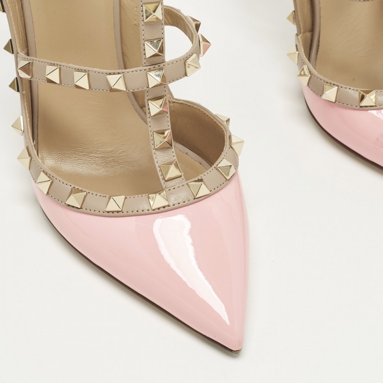 Pre Owned Valentino Rockstud Size 40 Pink Leather and Patent Leather Ankle Strap Pumps
