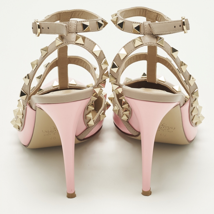 Pre Owned Valentino Rockstud Size 40 Pink Leather and Patent Leather Ankle Strap Pumps