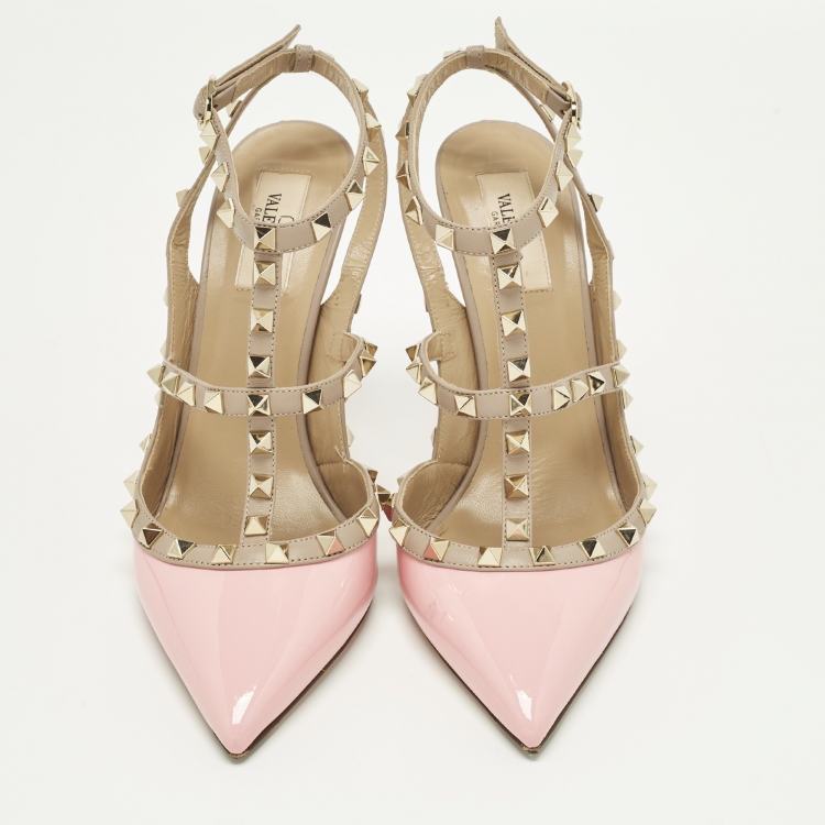 Pre Owned Valentino Rockstud Size 40 Pink Leather and Patent Leather Ankle Strap Pumps
