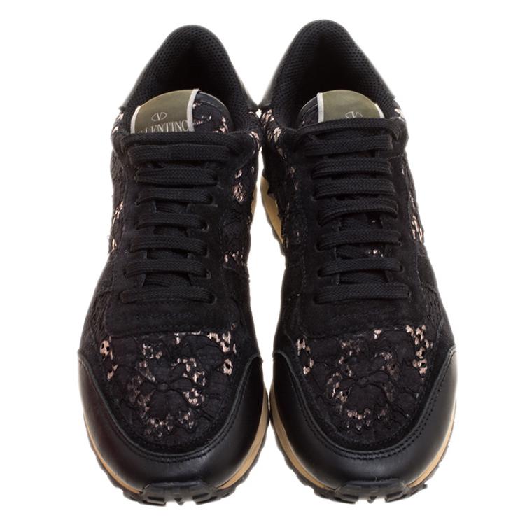 Pre Owned Valentino Black Suede and Macramé Lace Rockrunner Sneakers Size 38